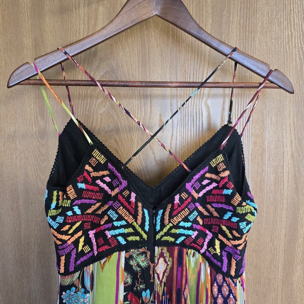 Anthropologie Multi Print V Neck Embroidered Geometric Maxi Dress - Picture 7 of 14